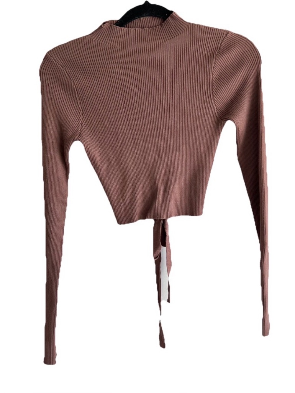 PRINCESS POLLY Brown Ribbed Mock Neck Crop Top Tie Back Long Sleeve Size M/L